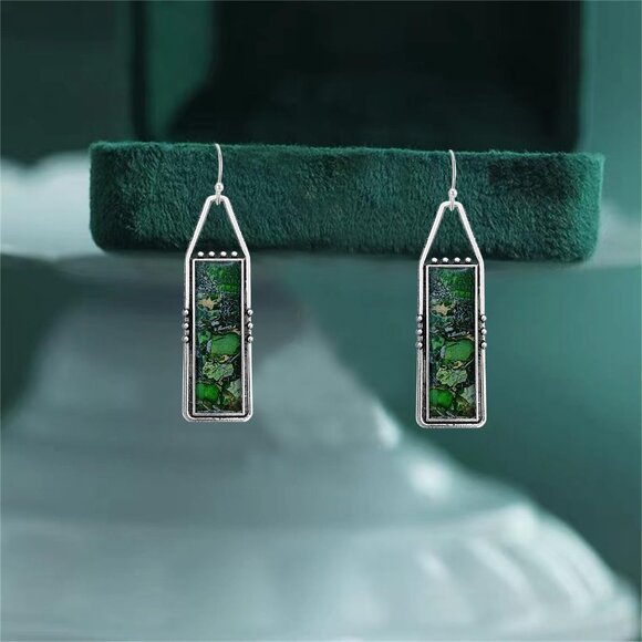 Green Handmade Bohemian Tribal Retro Colorful Square Bar Dangle Drop Earrings - Picture 6 of 6